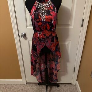 bebe Red and Black Floral High-Low Halter Dress with Gem Accents